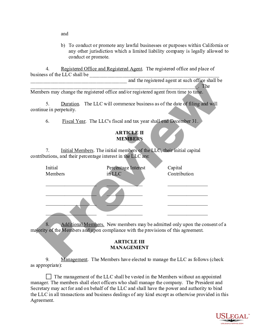 California Limited Liability Company LLC Operating Agreement California Llc Operating