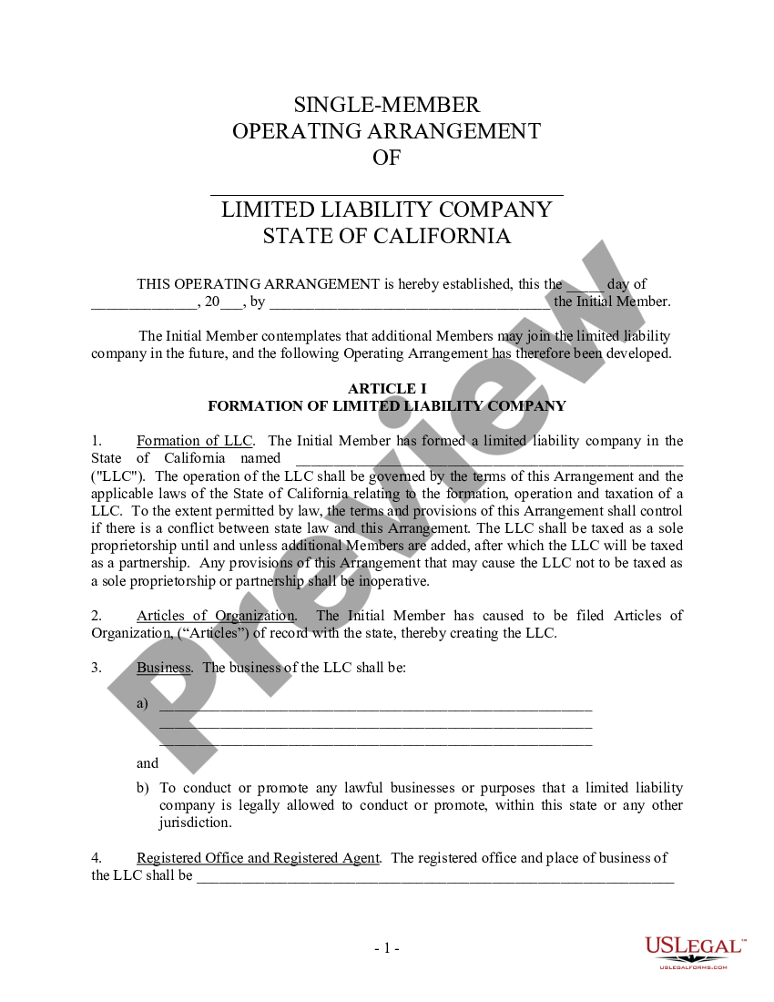 California Single Member Limited Liability Company LLC Operating