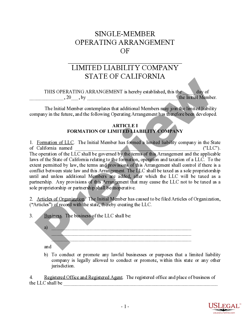California Single Member Limited Liability Company LLC Operating