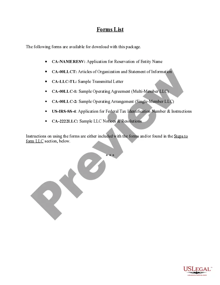 Preview California Limited Liability Company LLC Formation Package