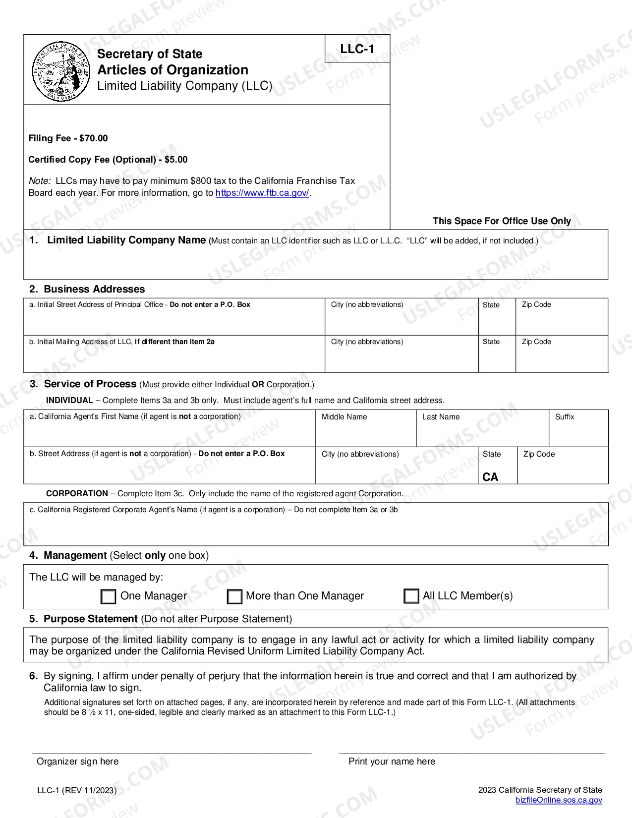 Preview California Articles of Organization for Domestic Limited Liability Company LLC