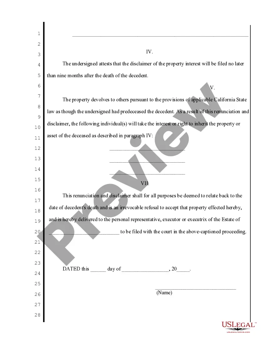 Preview California Renunciation And Disclaimer of Property from Will by Testate