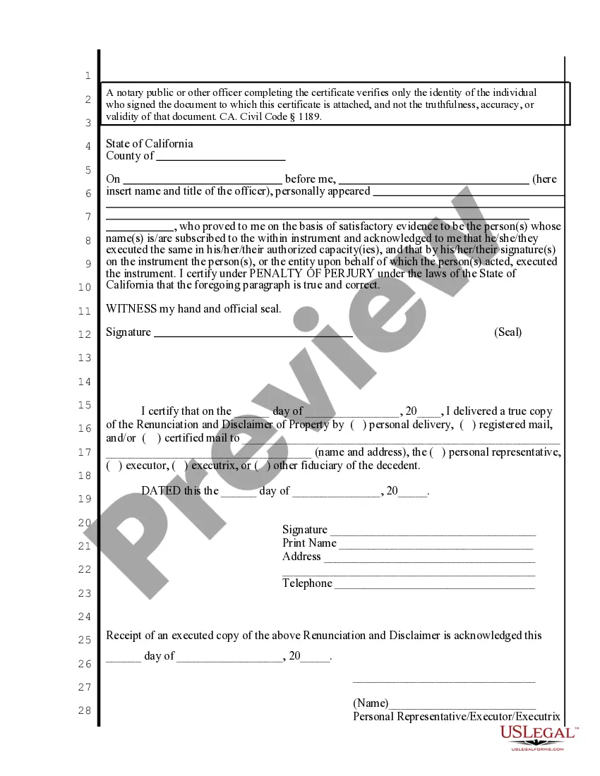 Preview California Renunciation And Disclaimer of Property from Will by Testate