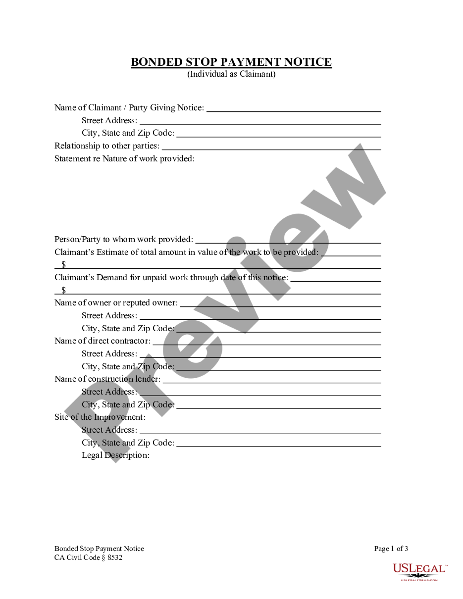 page 0 Bonded Stop Payment Notice - Construction Liens - Individual preview