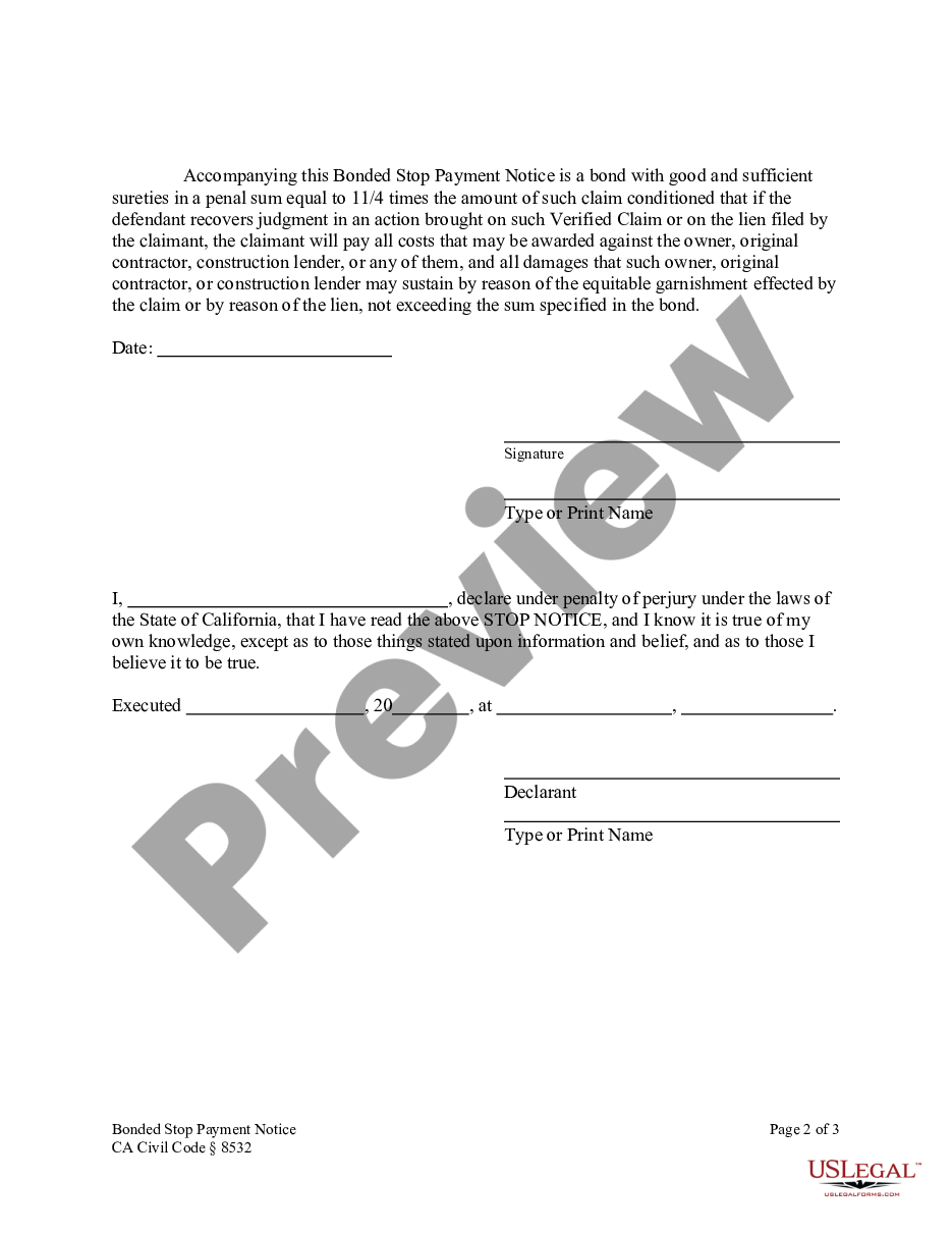 page 1 Bonded Stop Payment Notice - Construction Liens - Individual preview