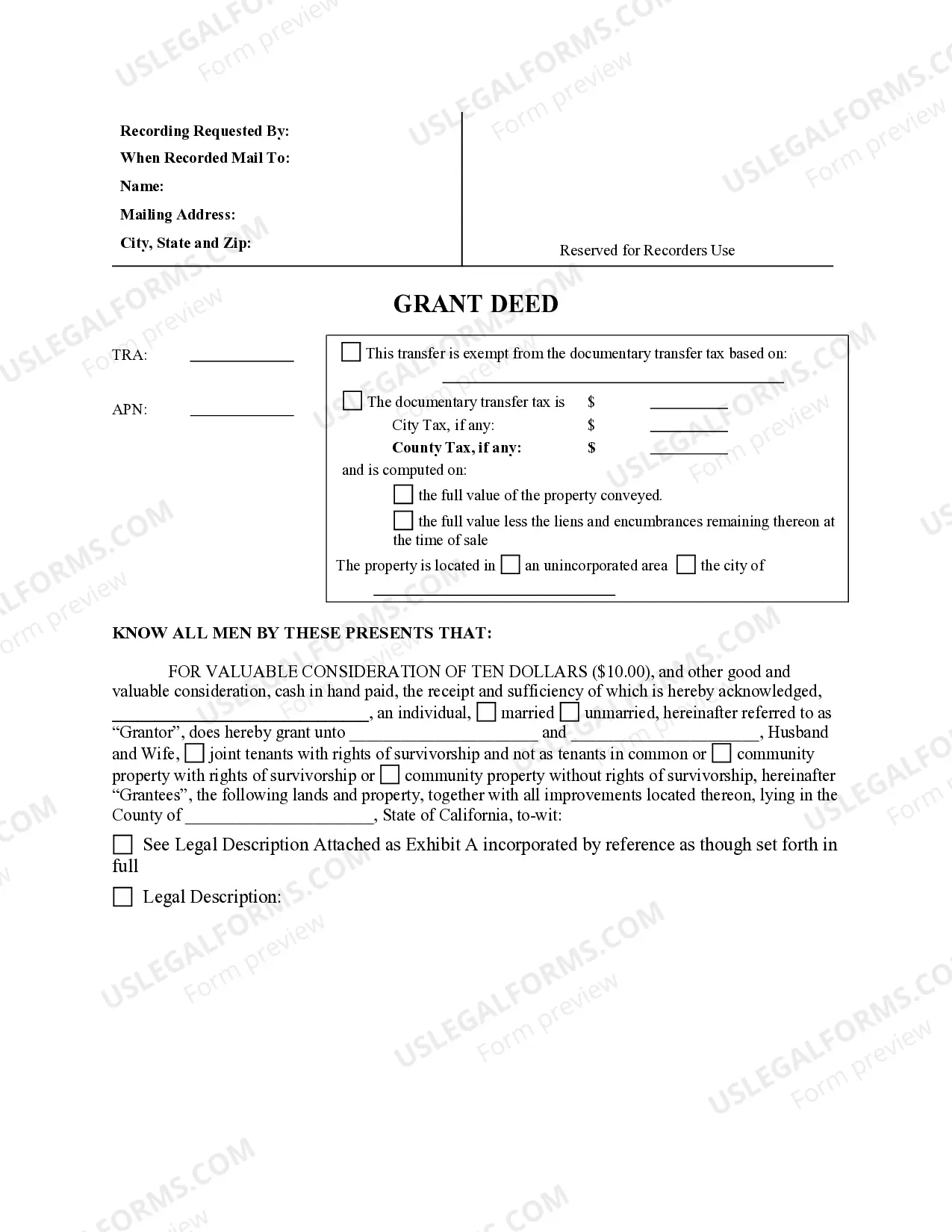 Preview Grant Deed from Individual to Husband and Wife with Reservation of Mineral Rights - Transfer