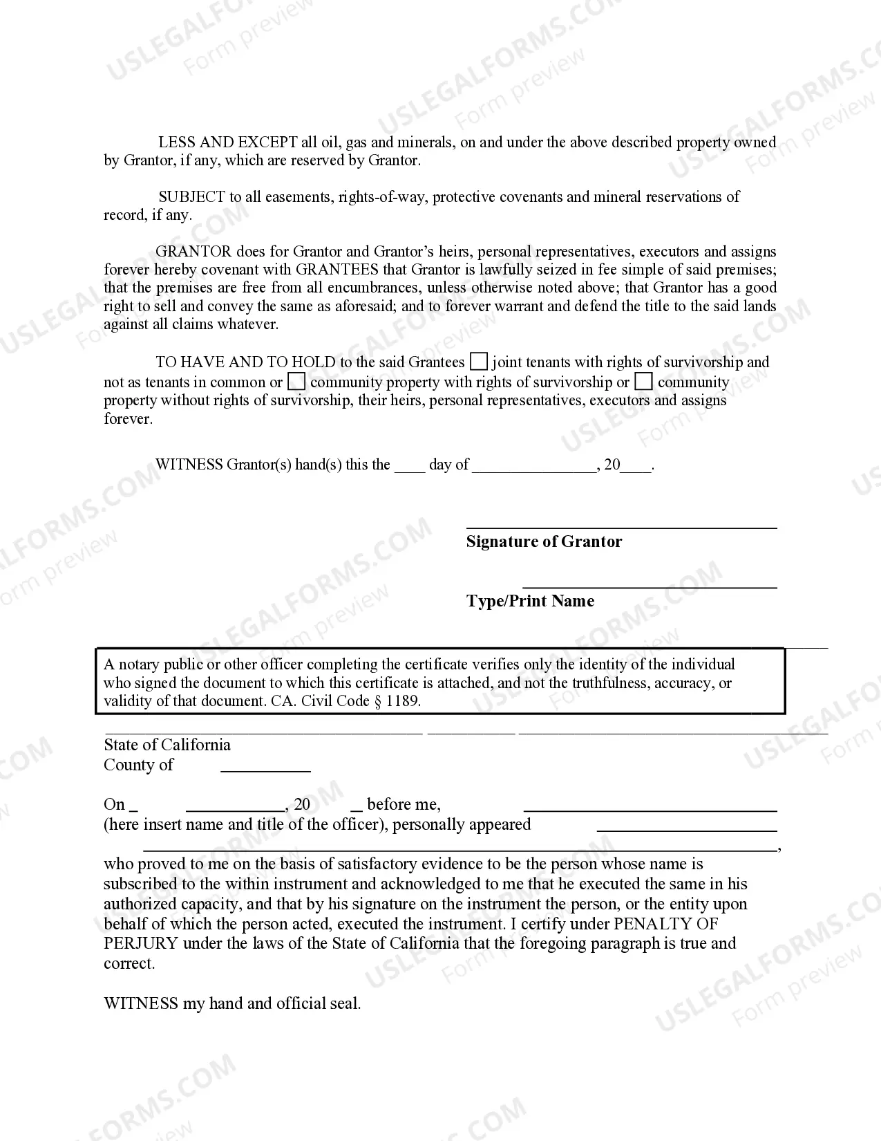 Preview Grant Deed from Individual to Husband and Wife with Reservation of Mineral Rights - Transfer