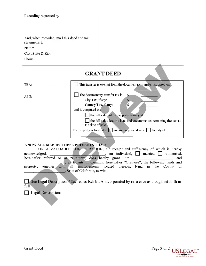 Preview Grant Deed From Individual to Two Individuals as Tenants in Common