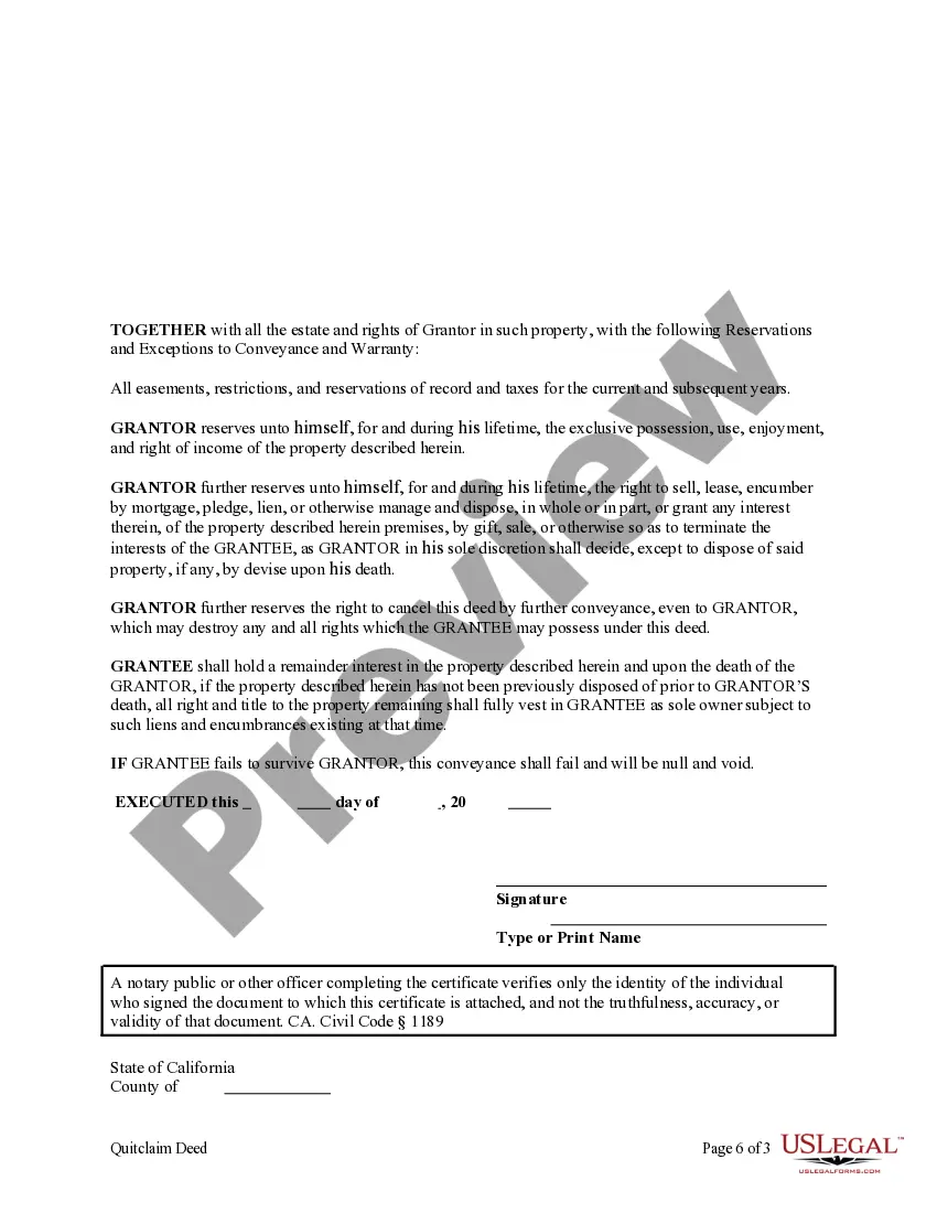 Preview Enhanced Life Estate or Lady Bird Quitclaim Deed from Individual to Individual