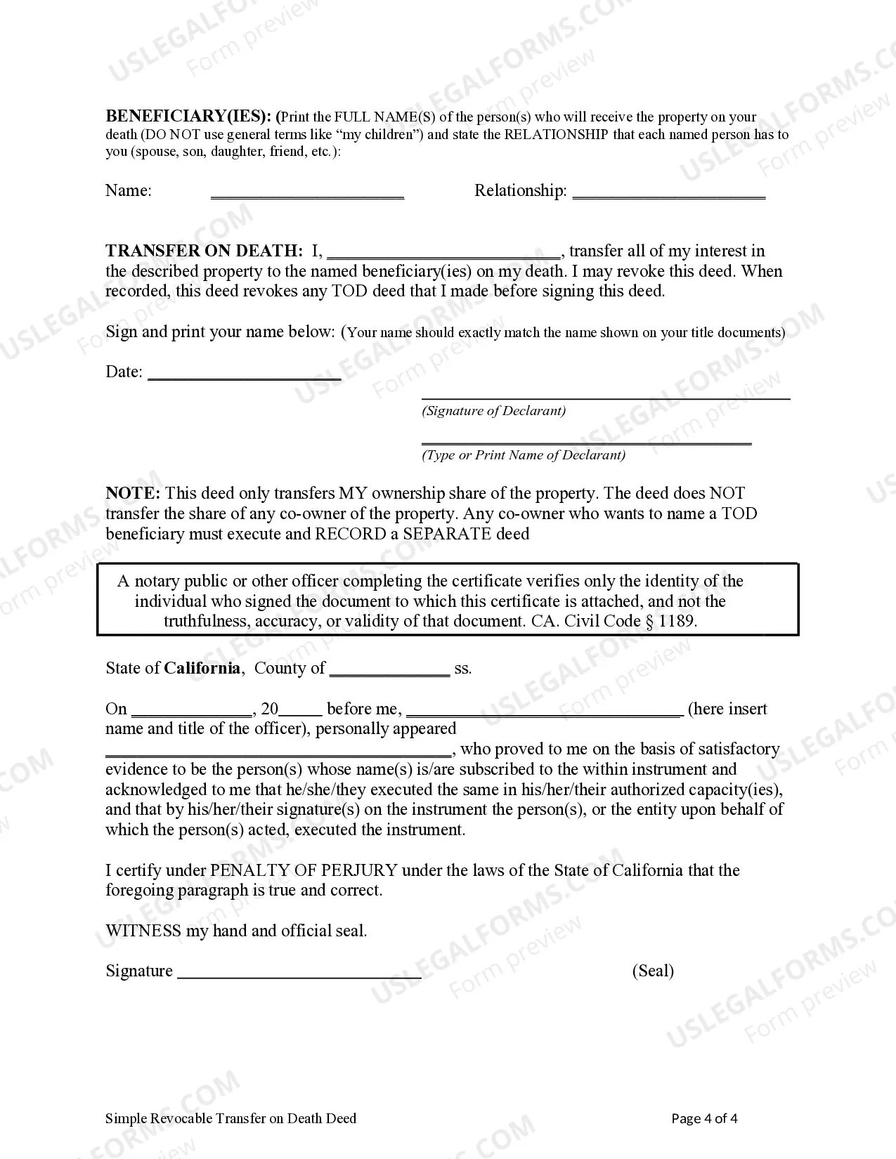 Preview Revocable Transfer on Death Deed - Individual to Individual