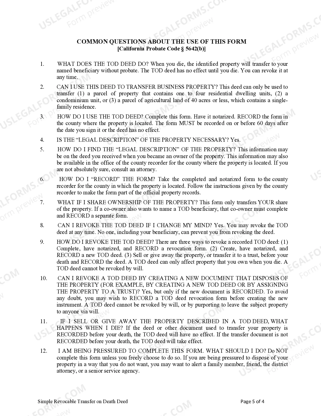 Preview Revocable Transfer on Death Deed - Individual to Individual