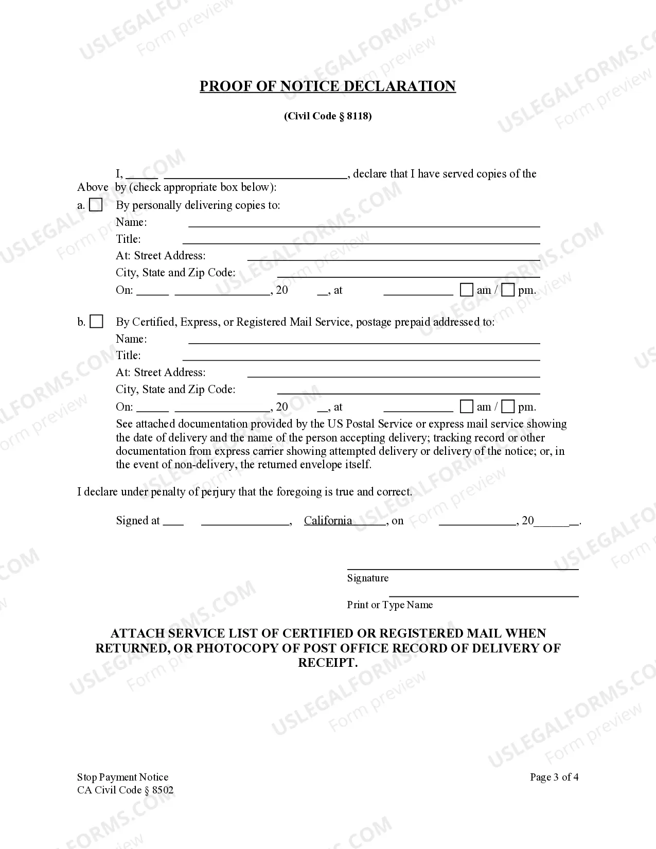 Preview Stop Payment Notice - Construction Liens - Civil Code Section 8502 - Individual