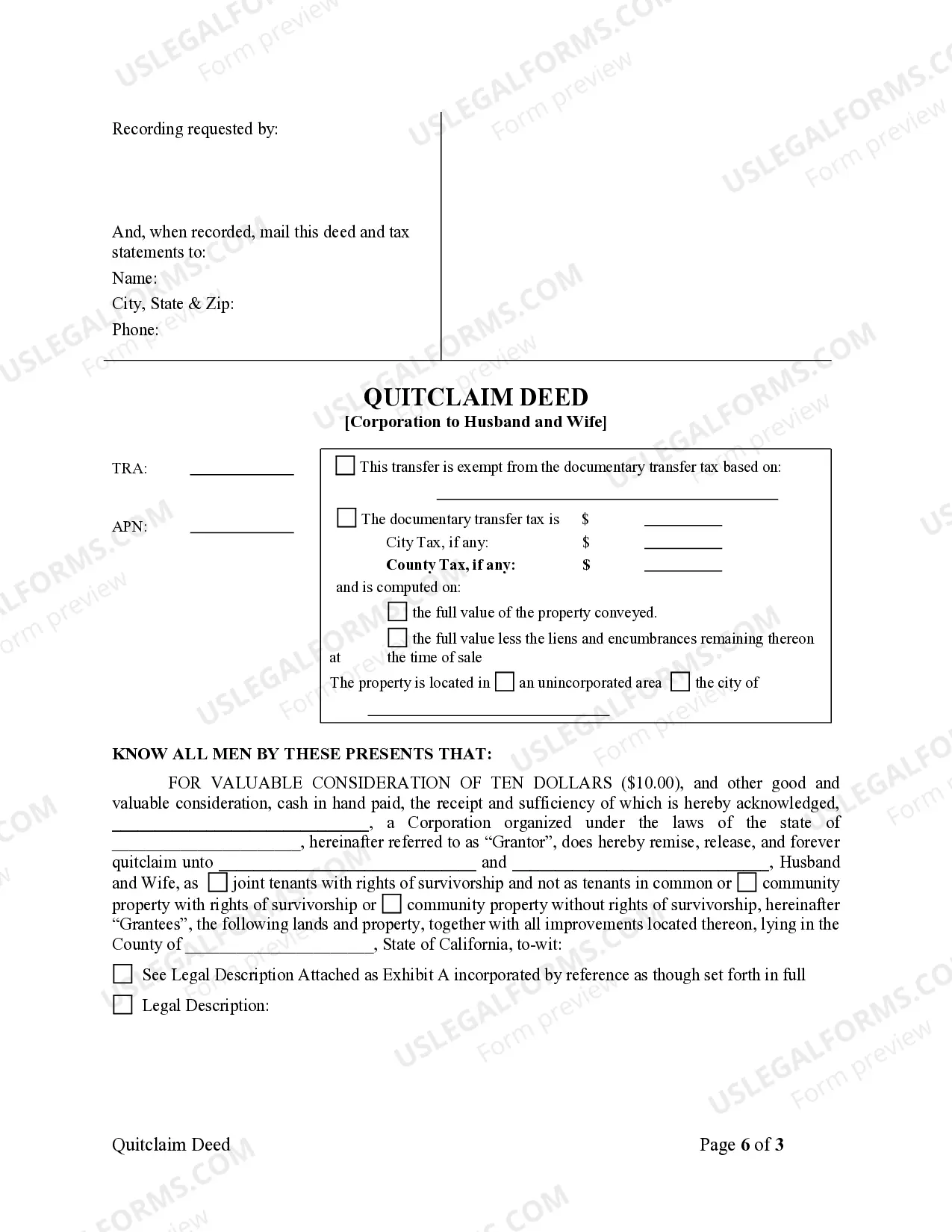 Preview Quitclaim Deed from Corporation to Husband and Wife