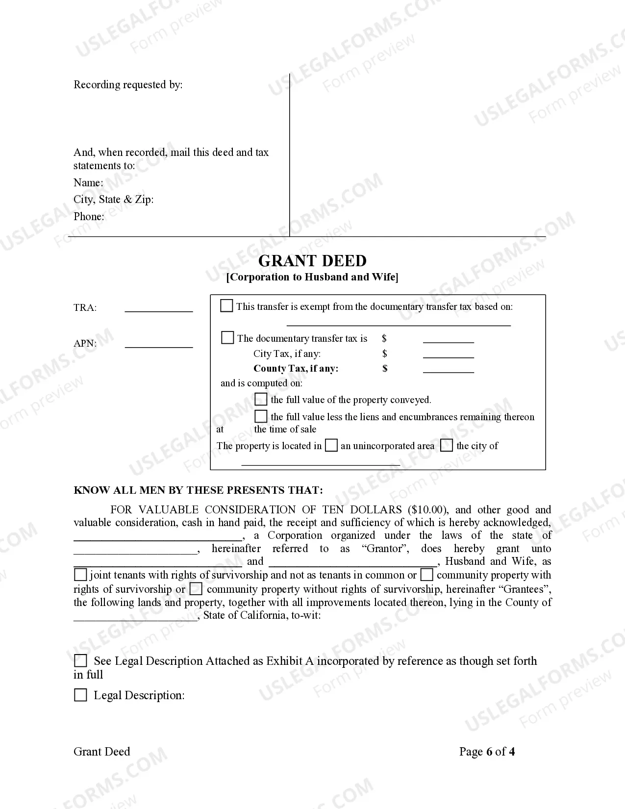 Preview Grant Deed from Corporation to Husband and Wife