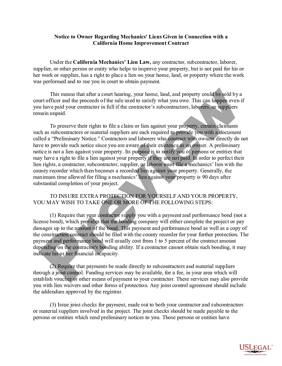 page 0 Notice to Owner Regarding Mechanics' Liens Given in Connection with a California Home Improvement Contract preview