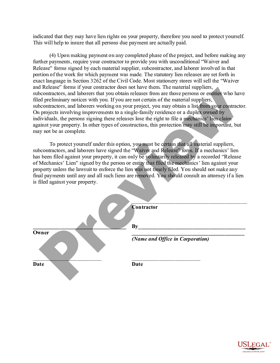 page 1 Notice to Owner Regarding Mechanics' Liens Given in Connection with a California Home Improvement Contract preview