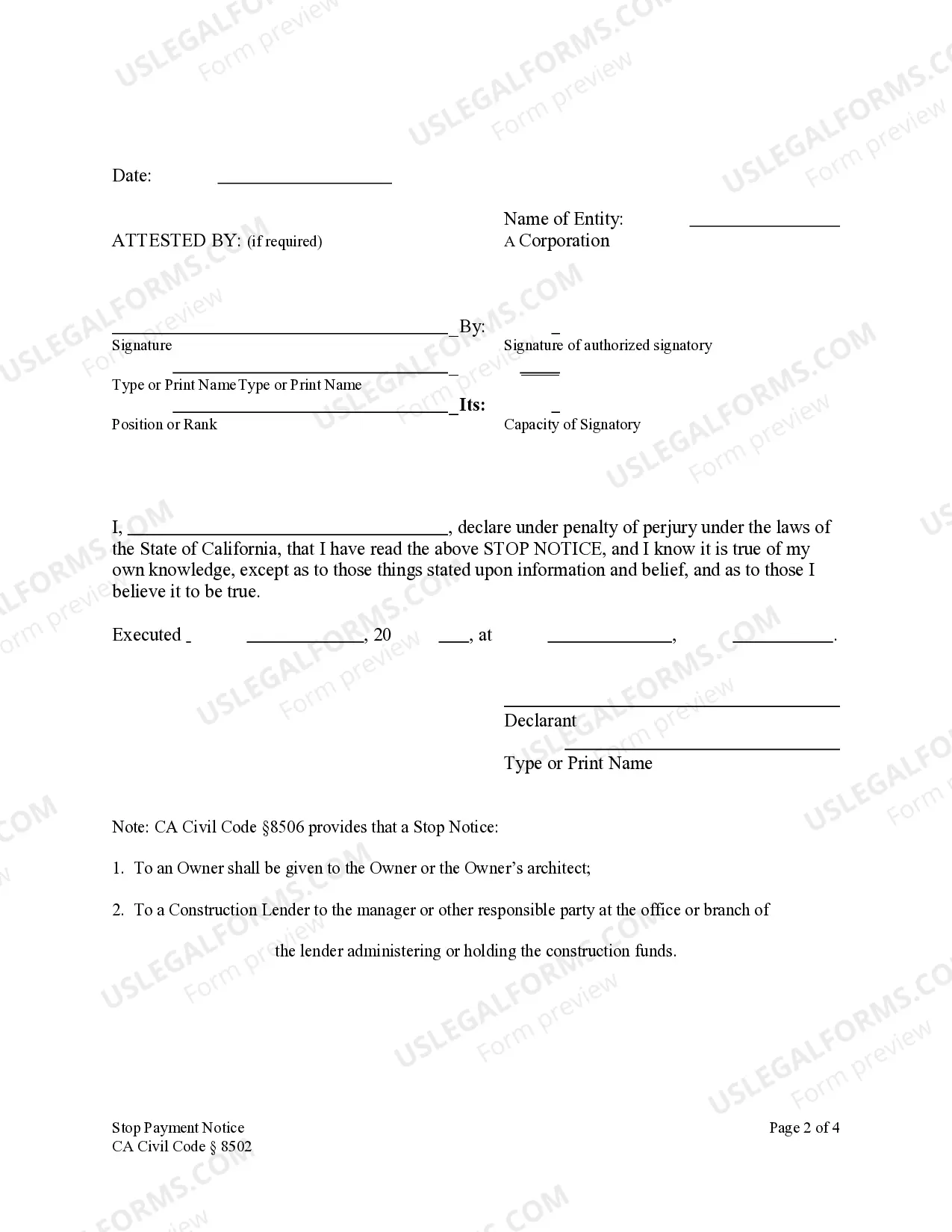 Preview Stop Payment Notice - Construction Liens - Civil Code Section 8502 - Business Entity