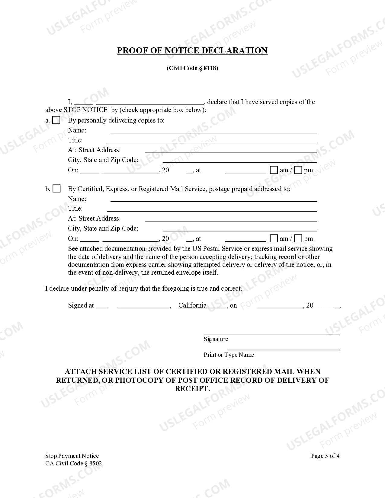 Preview Stop Payment Notice - Construction Liens - Civil Code Section 8502 - Business Entity