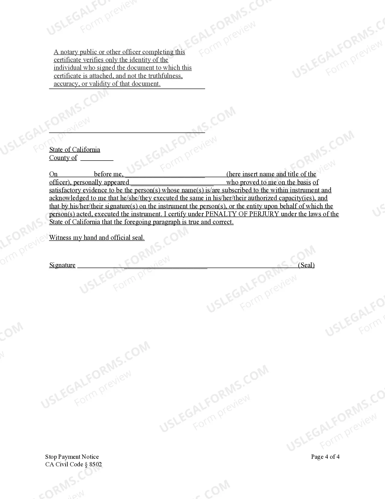 Preview Stop Payment Notice - Construction Liens - Civil Code Section 8502 - Business Entity