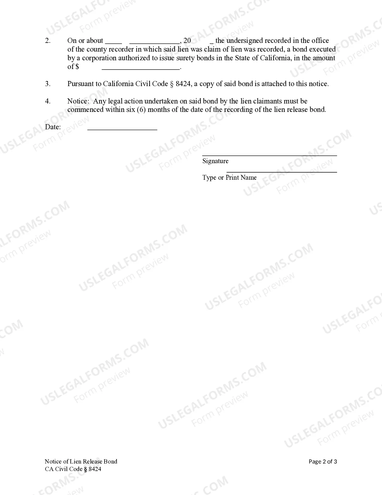 Preview Owner's Written Notice of Lien Release Bond - Construction Liens - Civil Code Section 8424 - Individual