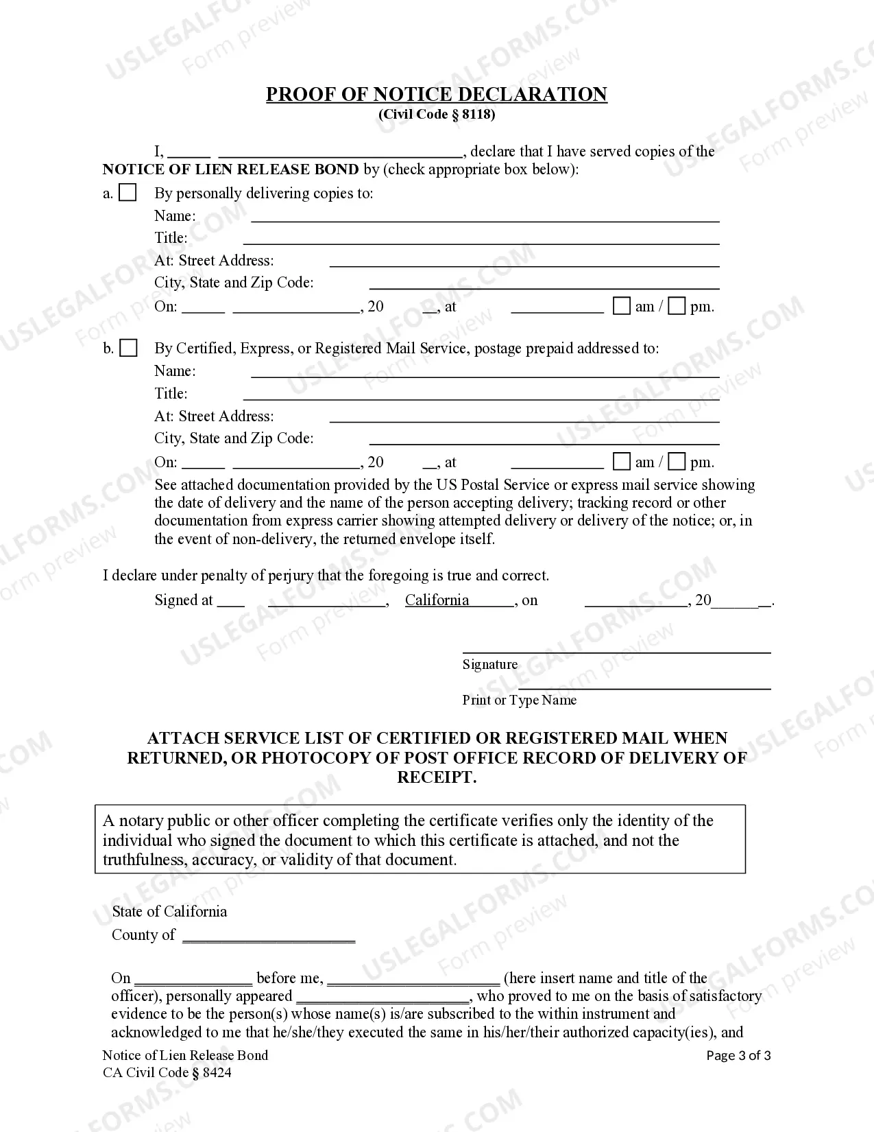 Preview Owner's Written Notice of Lien Release Bond - Construction Liens - Civil Code Section 8424 - Individual