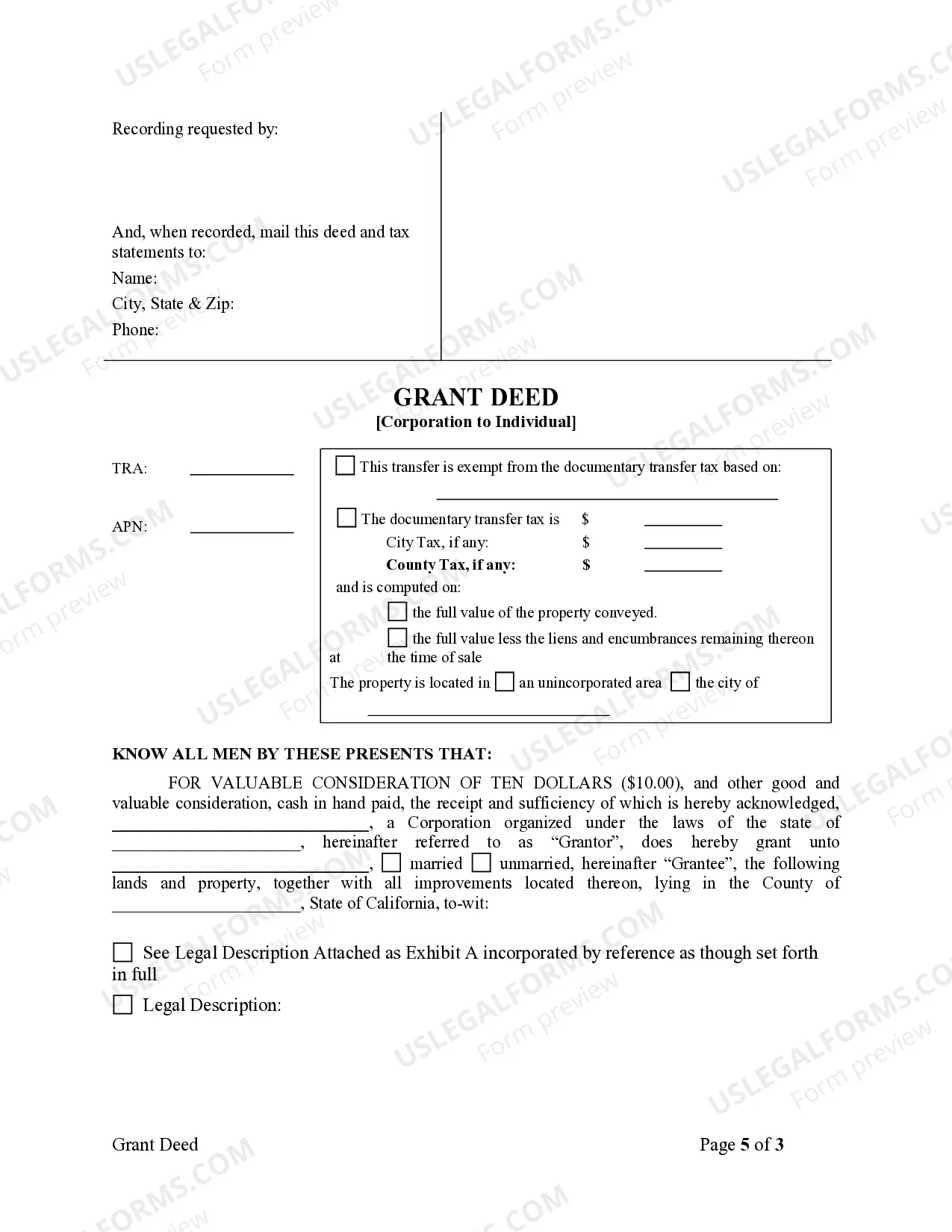 Preview Grant Deed from Corporation to Individual
