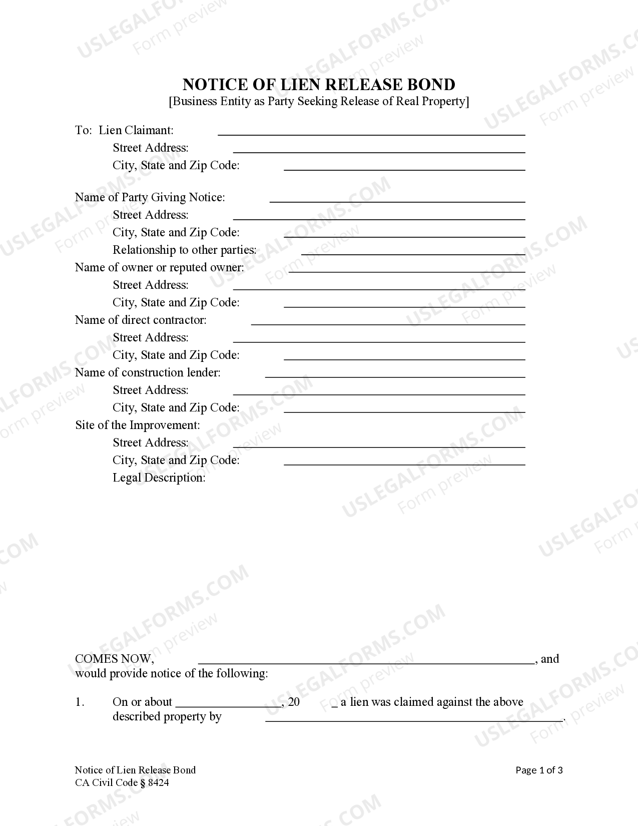 California Notice of Lien Release Bond Construction Liens Civil