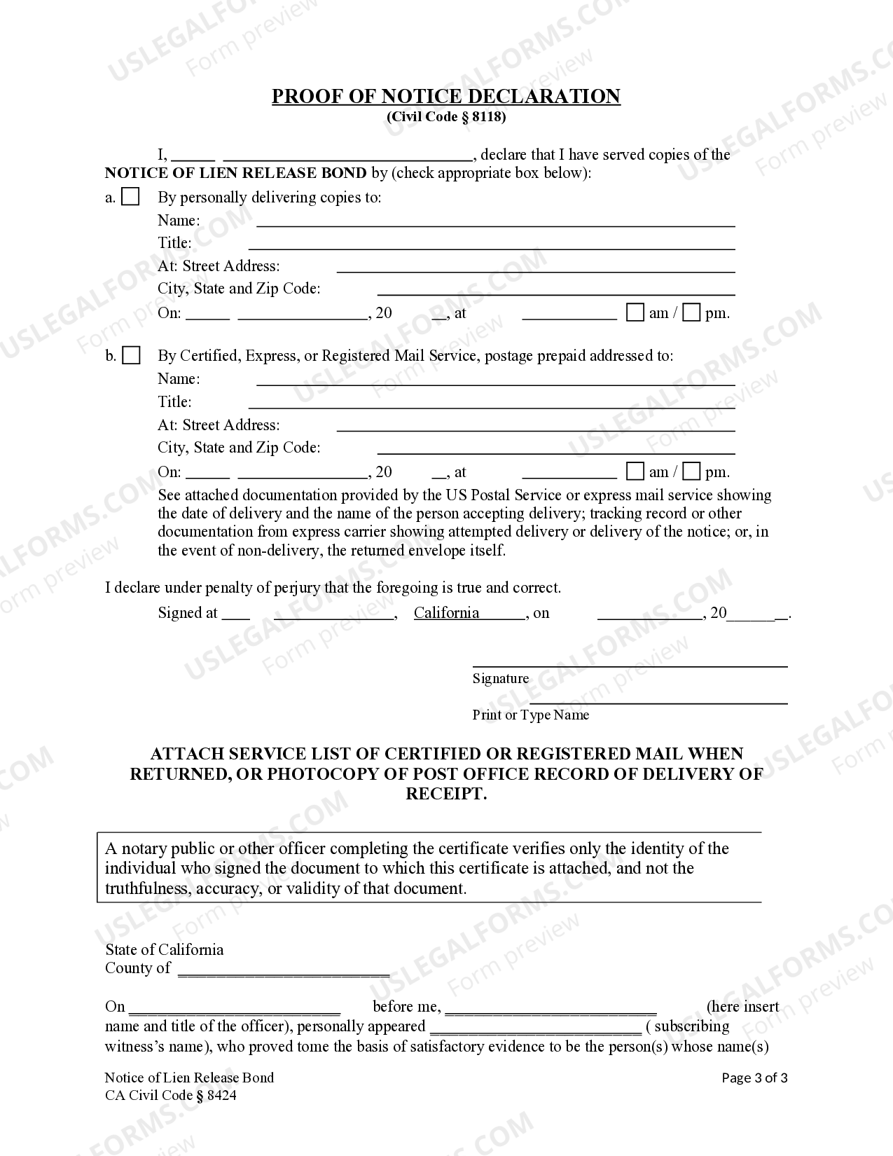 California Notice of Lien Release Bond Construction Liens Civil