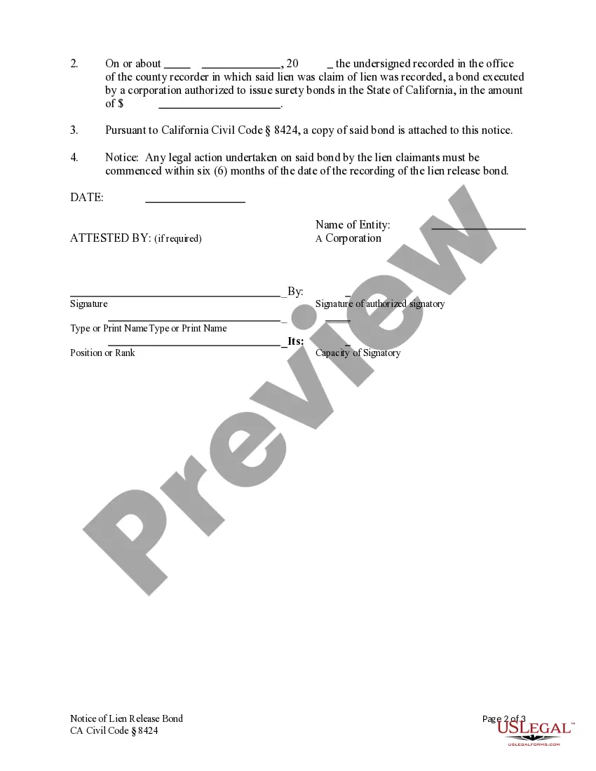 Preview Notice of Lien Release Bond - Construction Liens - Civil Code Section 8424 - Business Entity