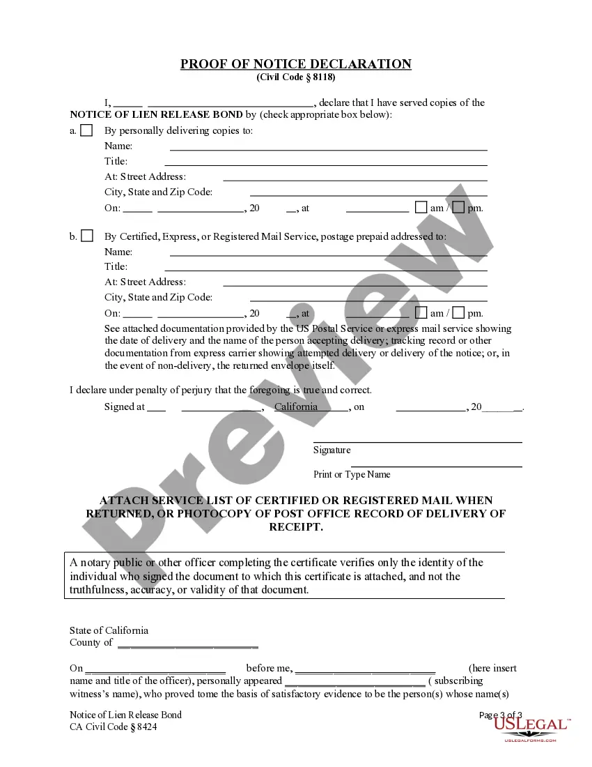 Preview Notice of Lien Release Bond - Construction Liens - Civil Code Section 8424 - Business Entity