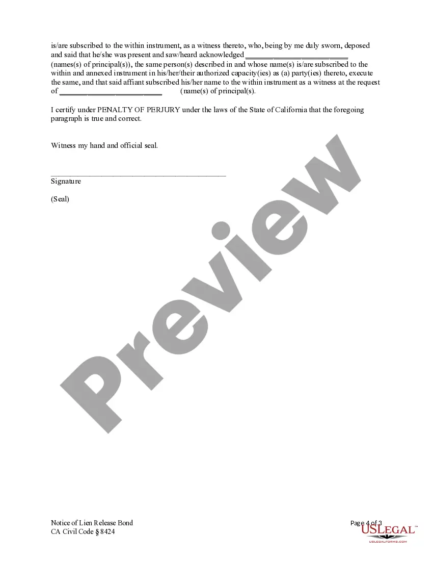 Preview Notice of Lien Release Bond - Construction Liens - Civil Code Section 8424 - Business Entity