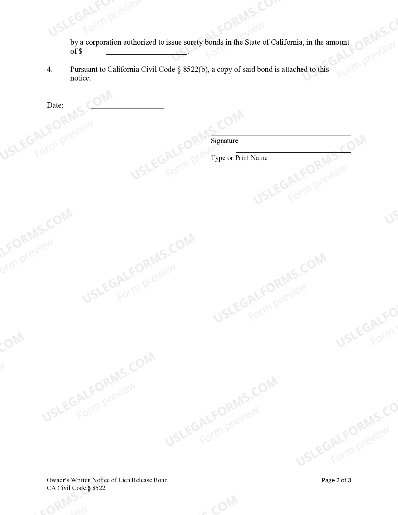 Preview Owner's Written Notice of Bond - Construction Liens - Individual