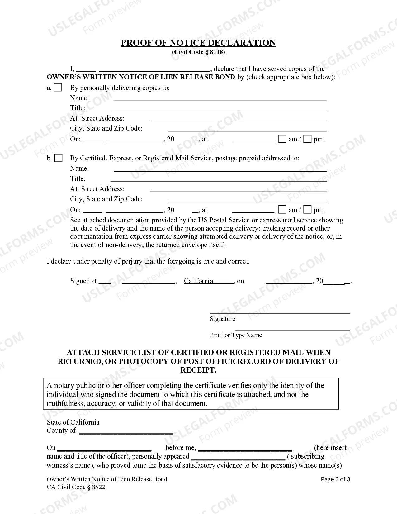 Preview Owner's Written Notice of Bond - Construction Liens - Individual