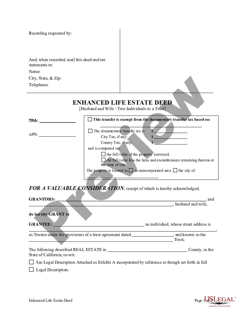 California Enhanced Life Estate Deed from Husband and Wife, or two ...