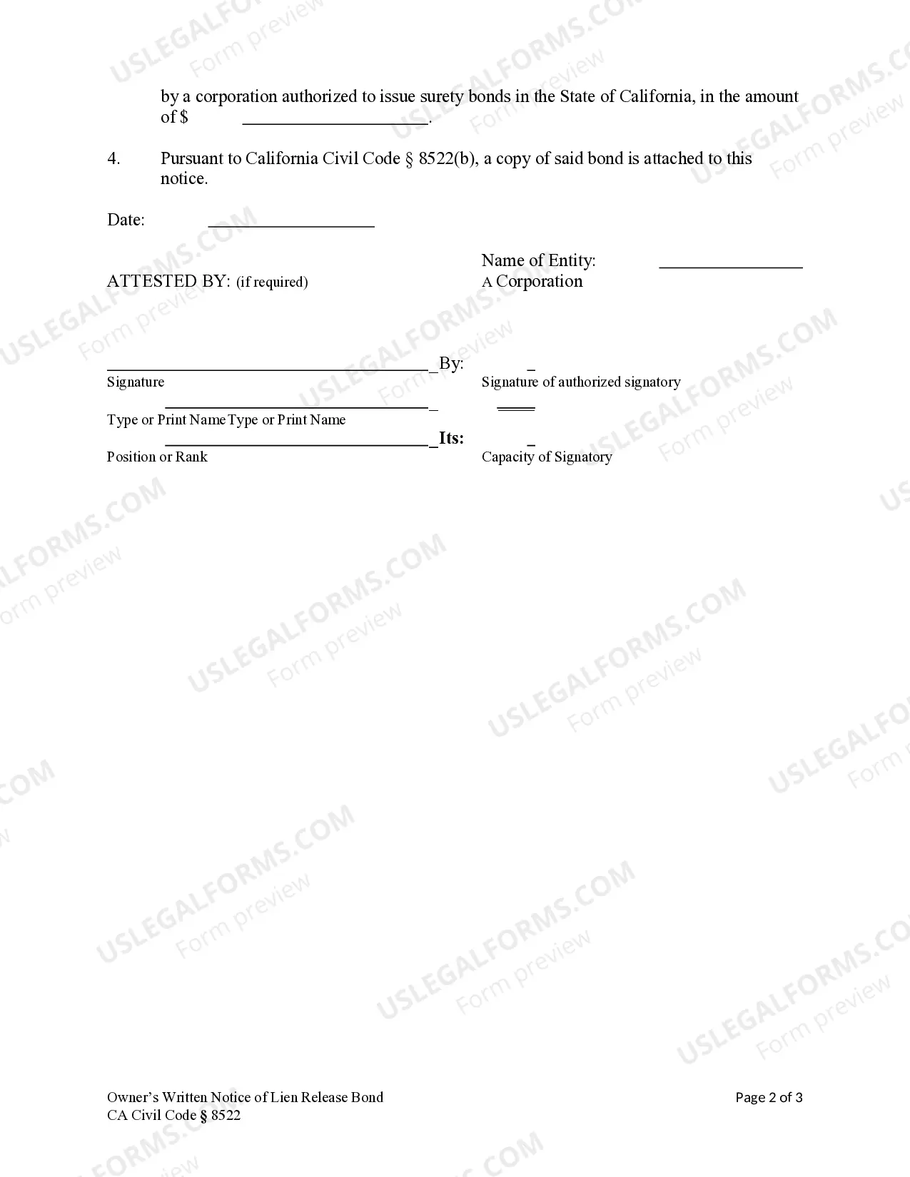 Preview Owner's Written Notice of Bond - Construction Liens - Corporation