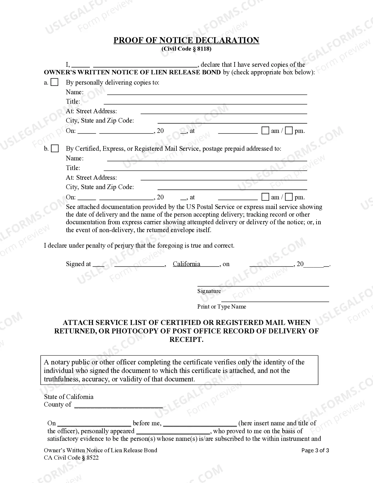 Preview Owner's Written Notice of Bond - Construction Liens - Corporation