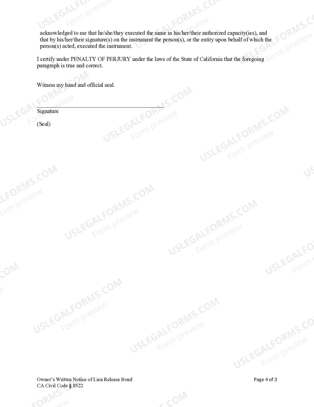 Preview Owner's Written Notice of Bond - Construction Liens - Corporation