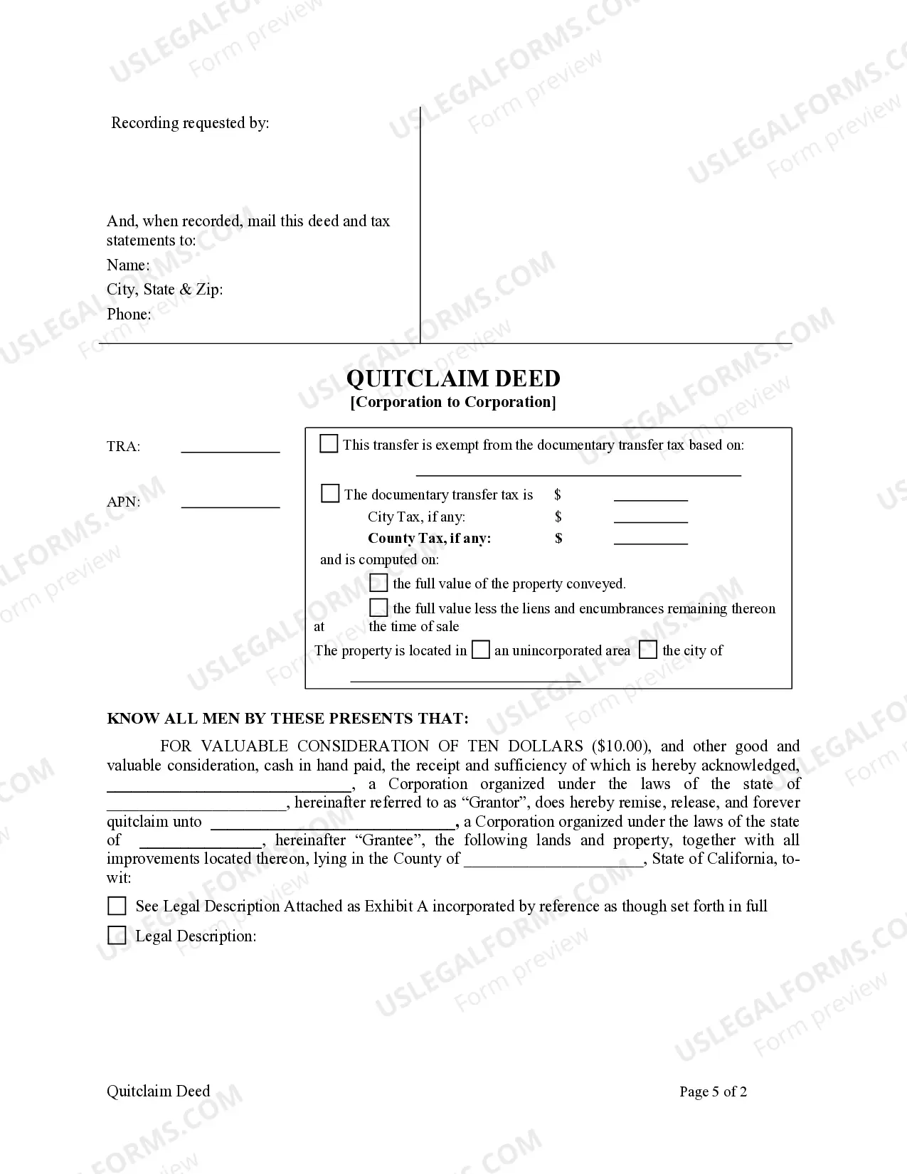 Preview Quitclaim Deed from Corporation to Corporation