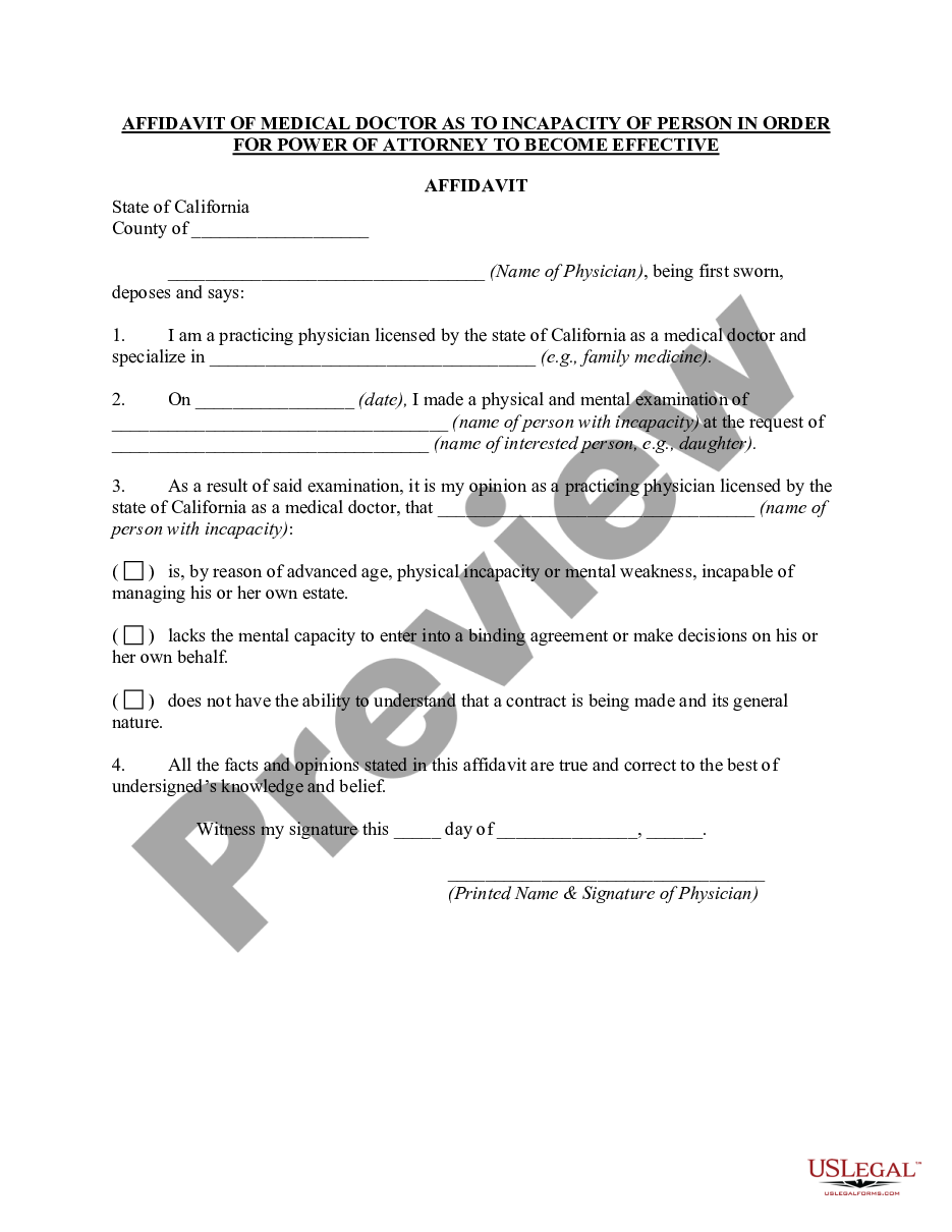 California Affidavit of Medical Doctor as to Incapacity of Person In ...