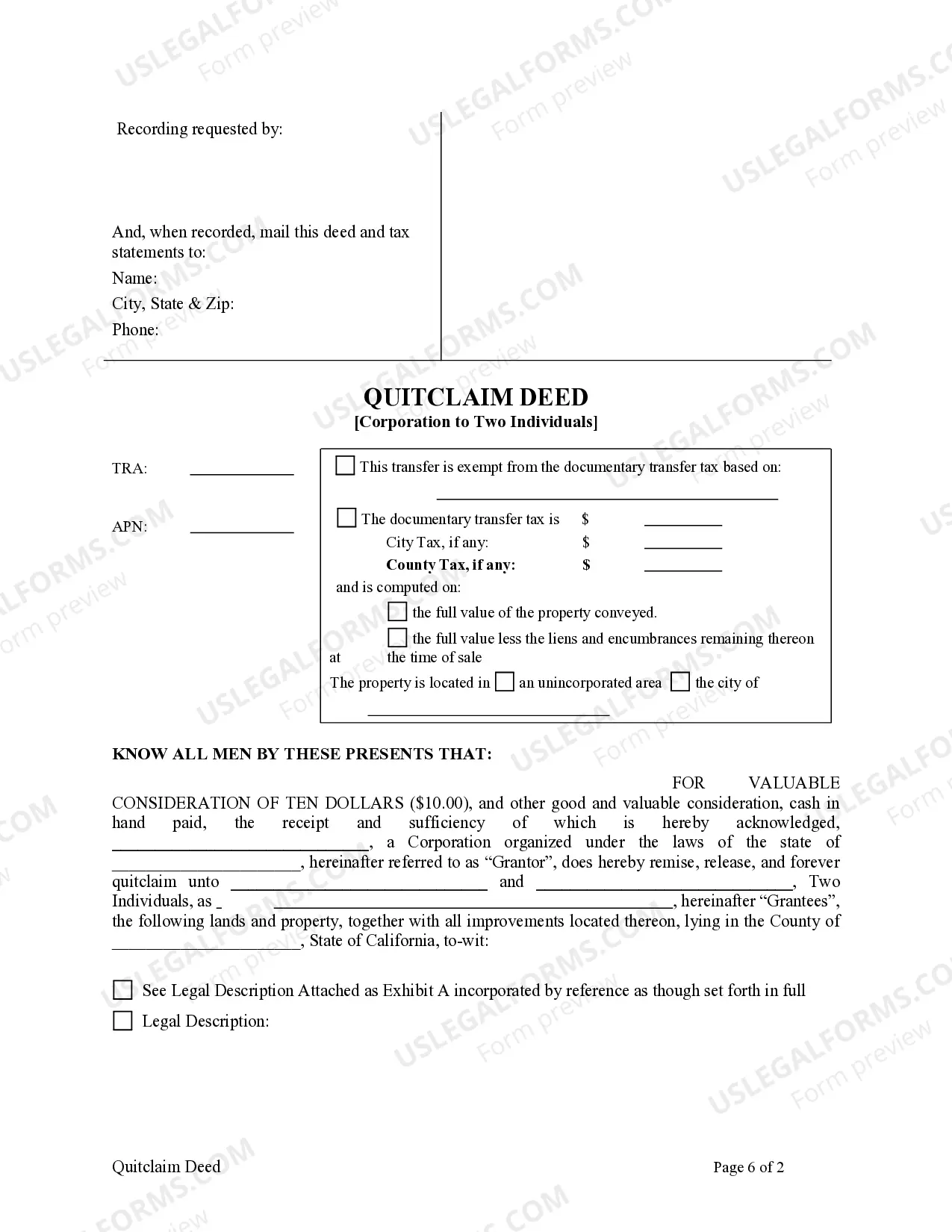Preview Quitclaim Deed from Corporation to Two Individuals