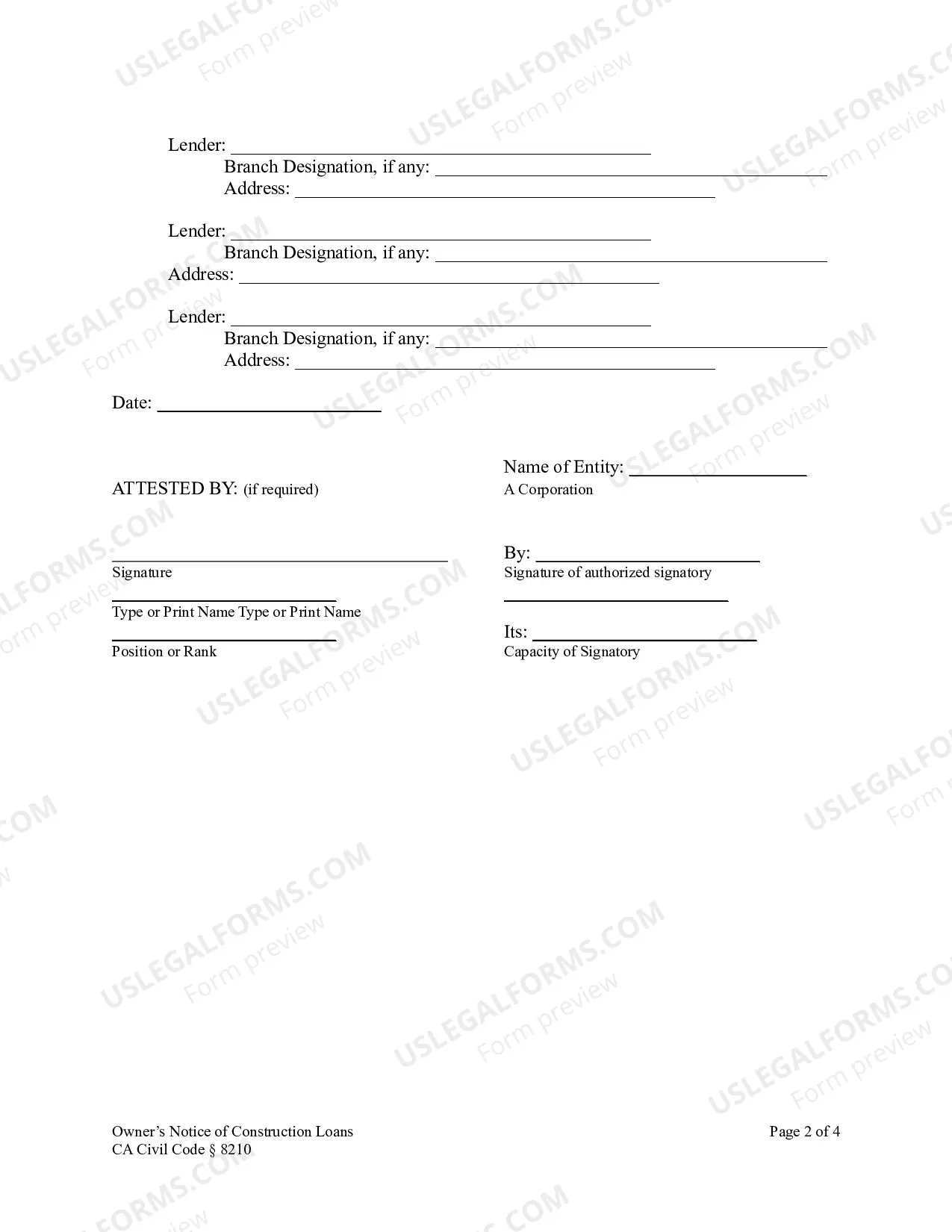 Preview Owner's Notice of Increase in Construction Costs - Corporation