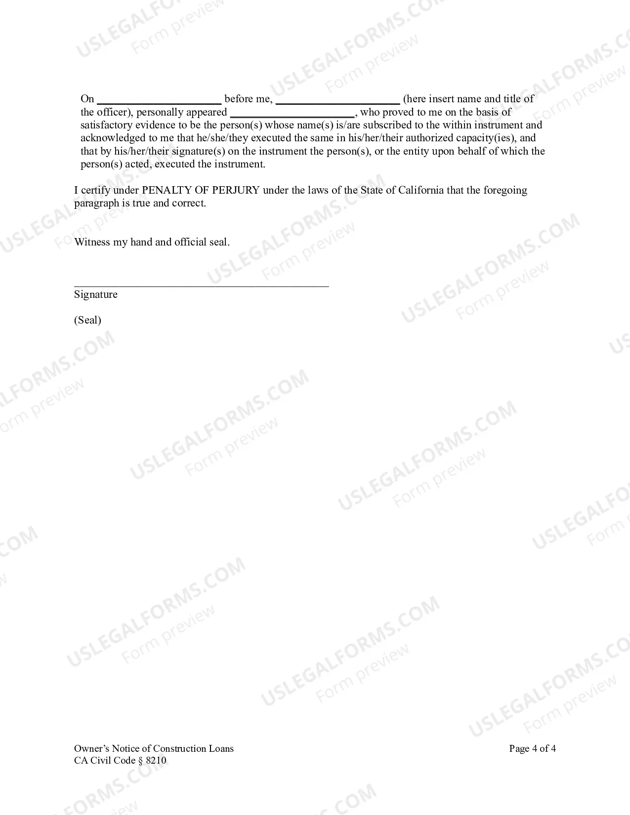 Preview Owner's Notice of Increase in Construction Costs - Corporation