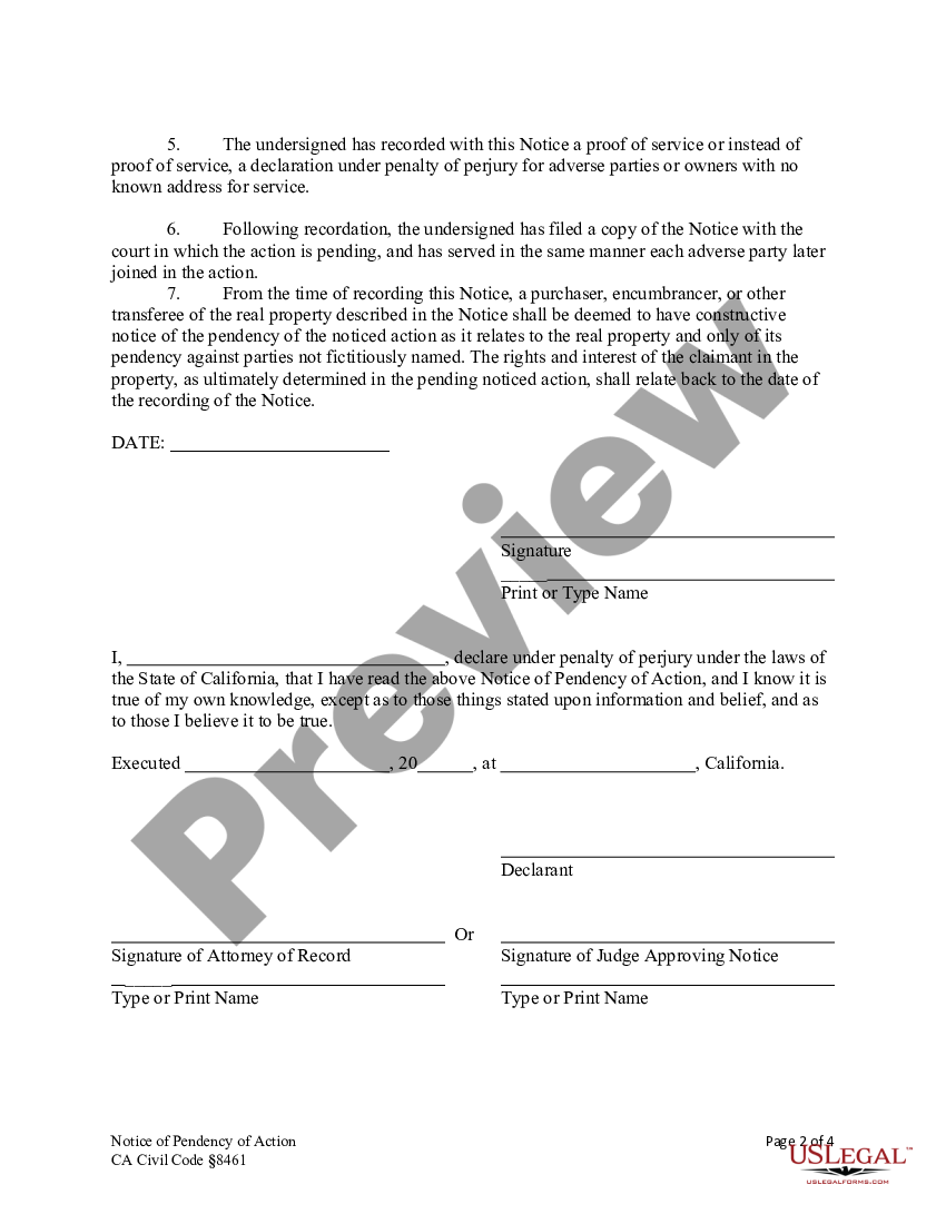 Costa Mesa California Notice of Lis Pendens - Individual | US Legal Forms