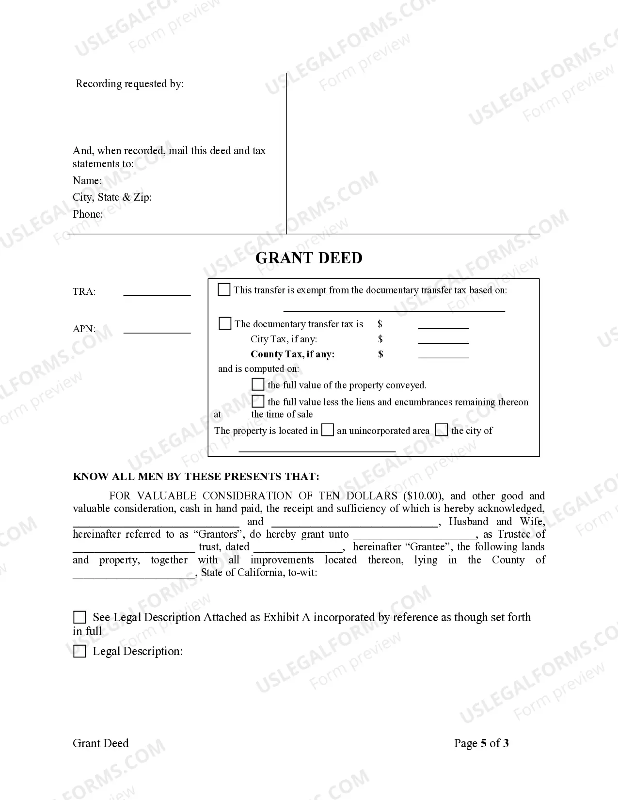 Preview Grant Deed from Husband and Wife to Trust