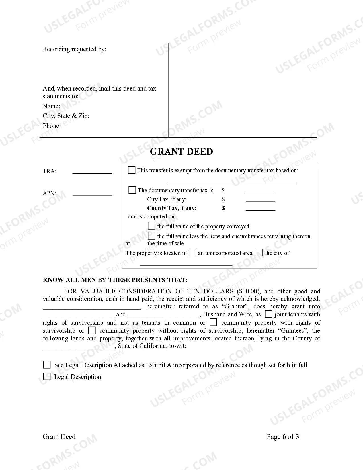 Preview Grant Deed from Husband to Himself and Wife