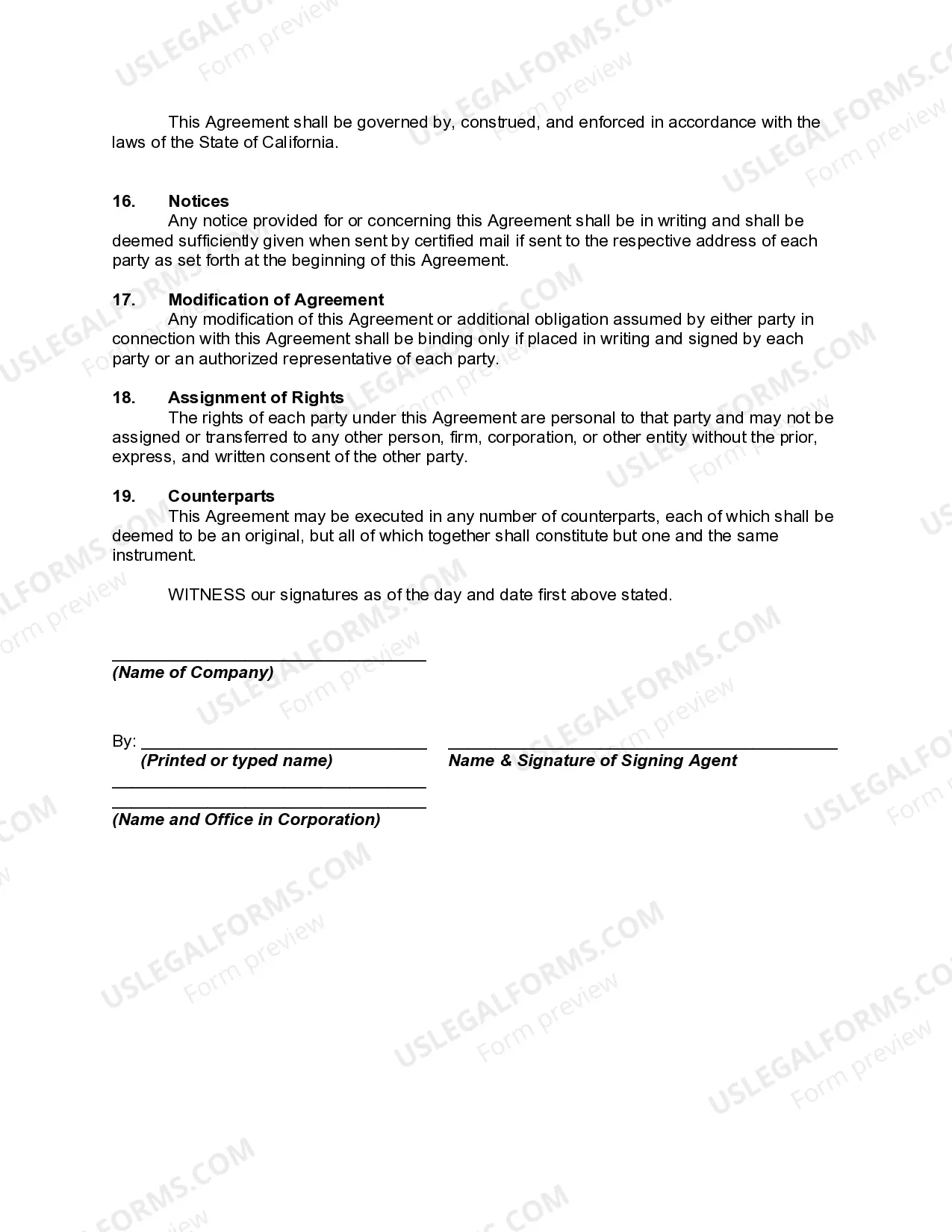 Preview California Signing Agent Agreement