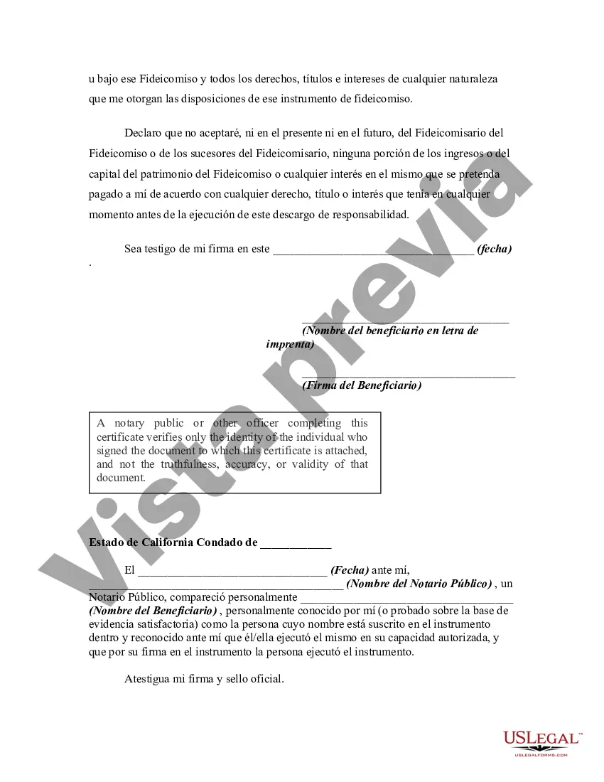 Preview Descargo de responsabilidad por parte del beneficiario de todos los derechos en virtud del fideicomiso y aceptación del descargo de responsabilidad por parte del fideicomisario