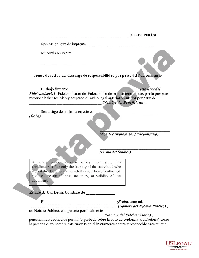 Preview Descargo de responsabilidad por parte del beneficiario de todos los derechos en virtud del fideicomiso y aceptación del descargo de responsabilidad por parte del fideicomisario