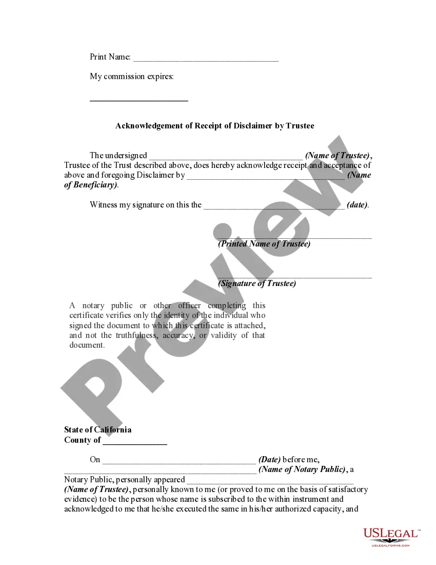 Preview Disclaimer by Beneficiary of all Rights under Trust and Acceptance of Disclaimer by Trustee