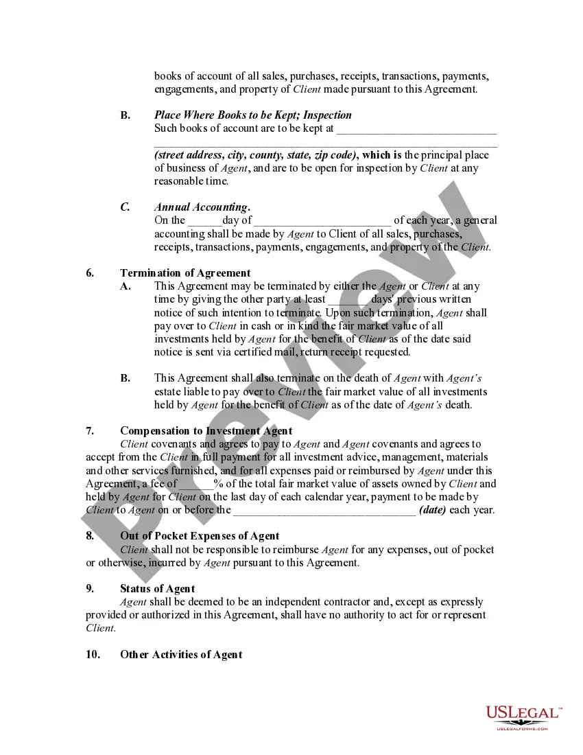 Preview Agreement for Services of Investment Agent with Agent to Purchase and Sell Investments for the Benefit of Client